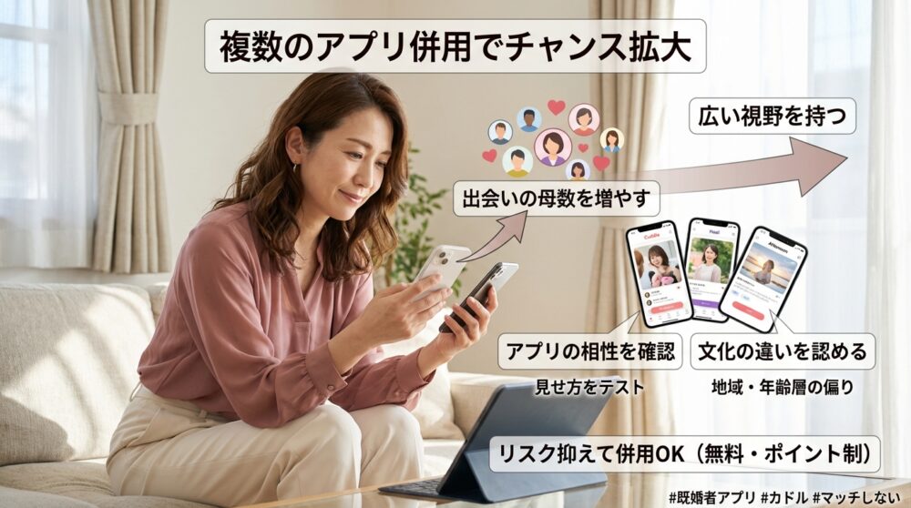 複数のアプリを併用することで出会いのチャンスを広げてみるのイメージ画像
